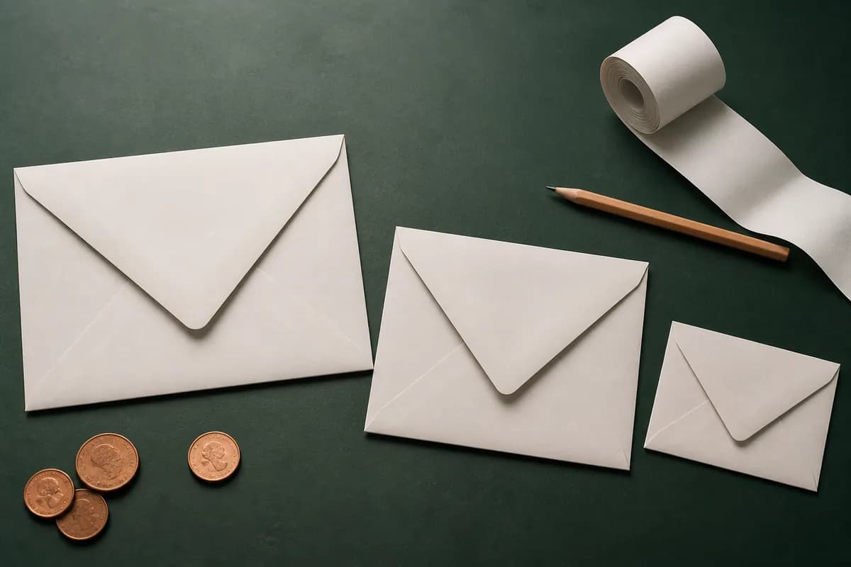 Three envelopes of different sizes arranged on a green desk