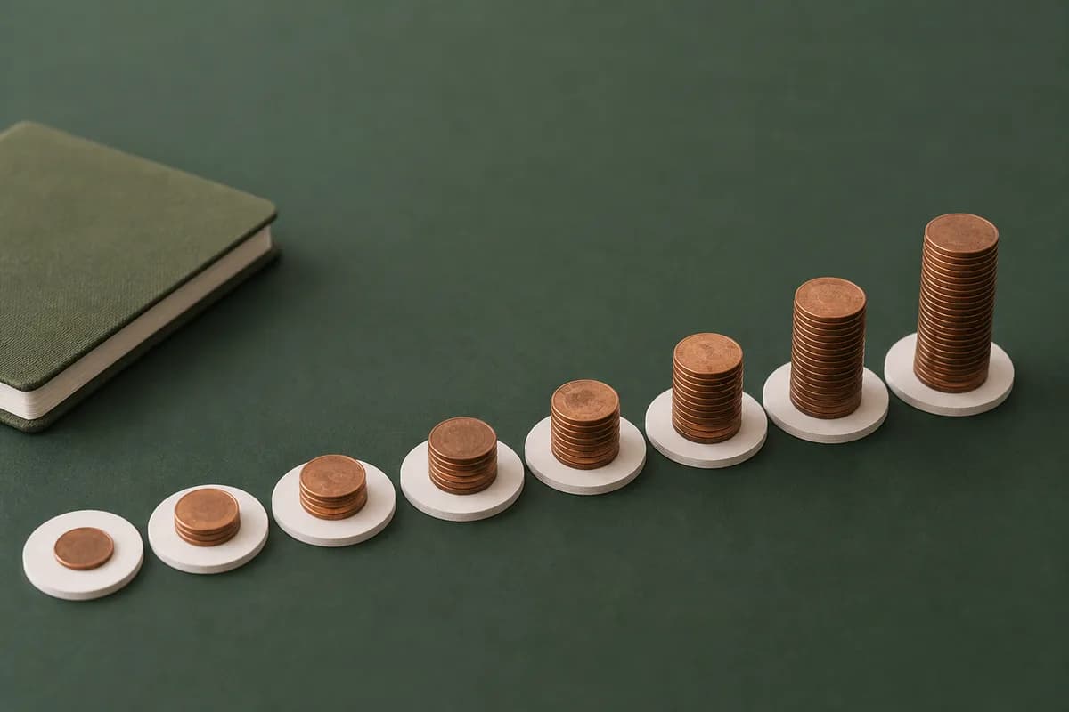 A sequence of small coin stacks increasing across a green surface