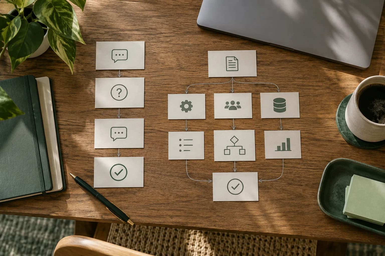 Paper task cards branching into several paths on a desk
