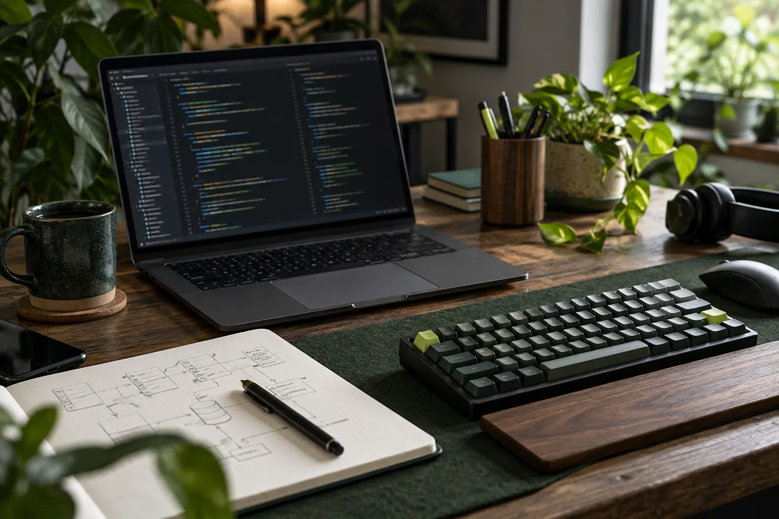 Laptop with a code editor open beside a notebook and keyboard