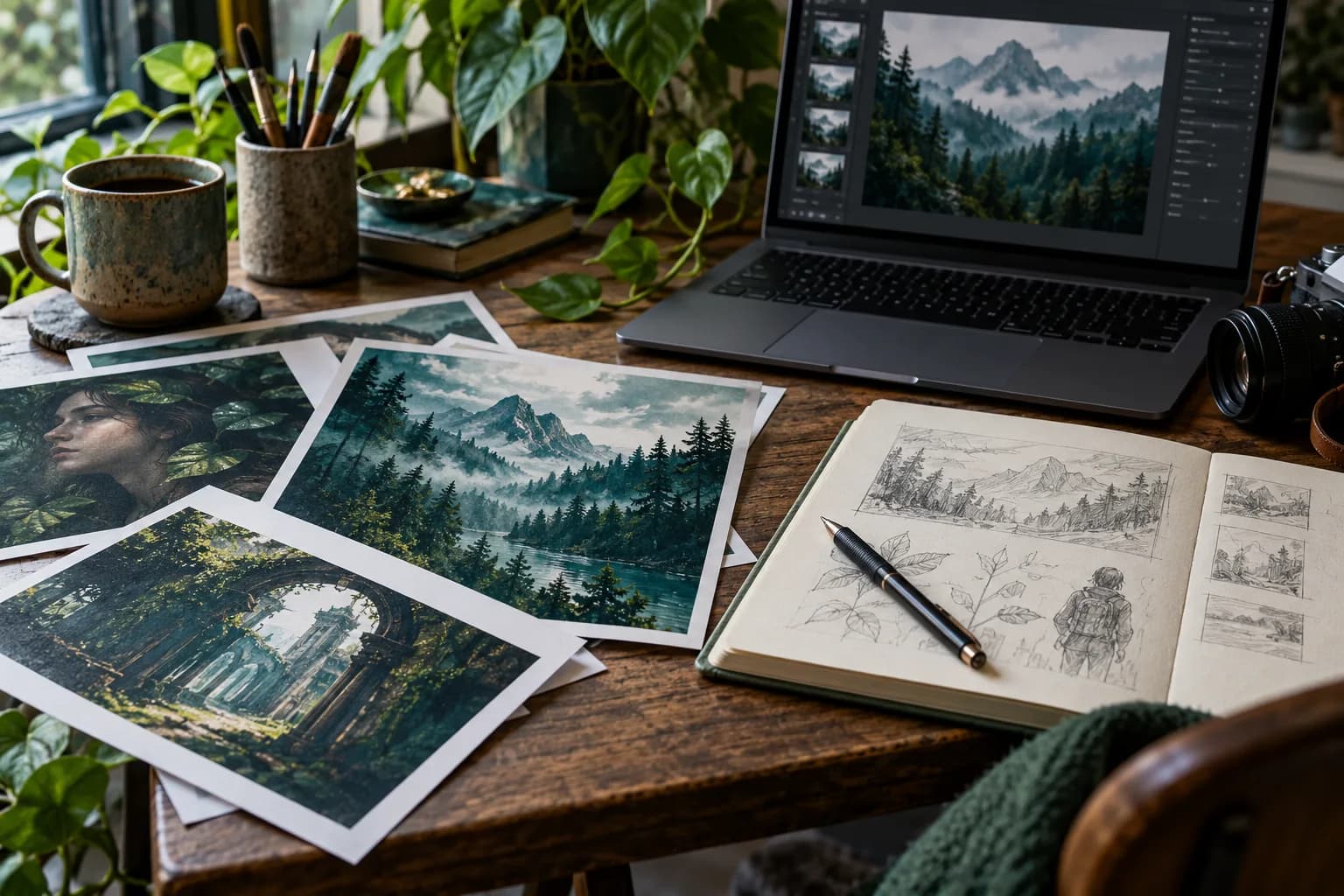 Creative workspace with image prints, sketchbook, and laptop