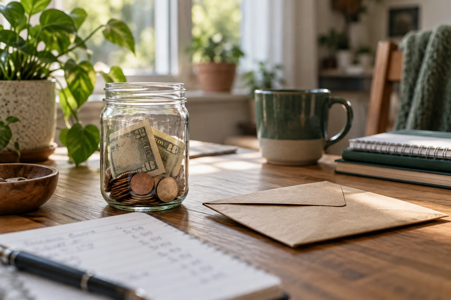 Savings jar and paper envelope arranged on a desk