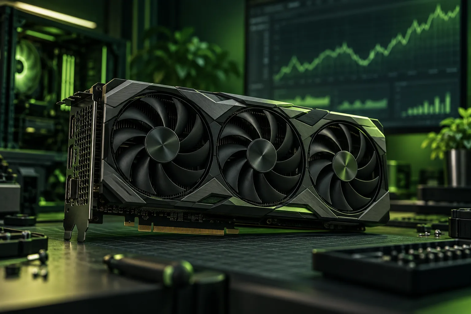Graphics card displayed on a wooden workbench