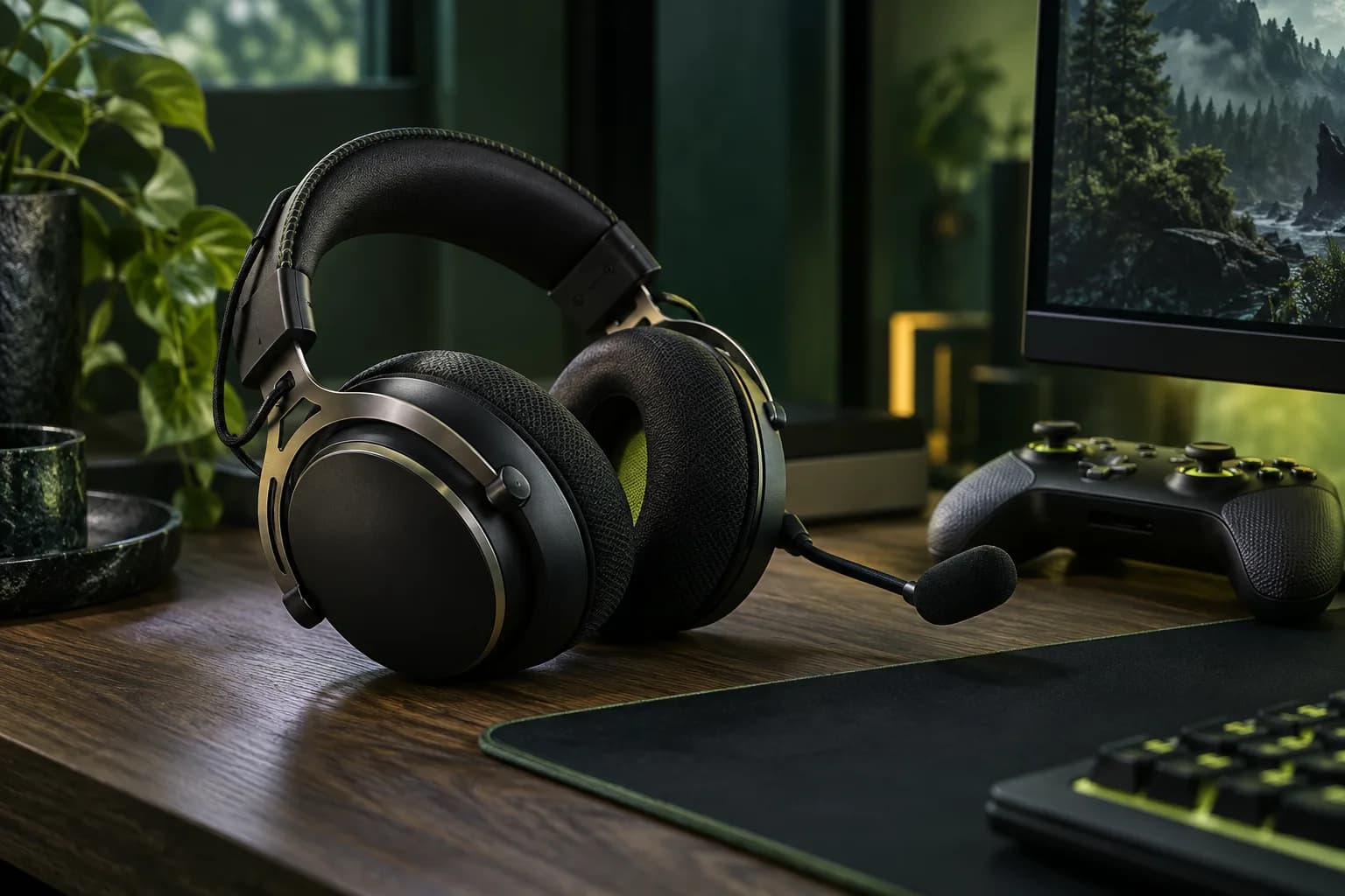 Black gaming headset resting on a tidy desk