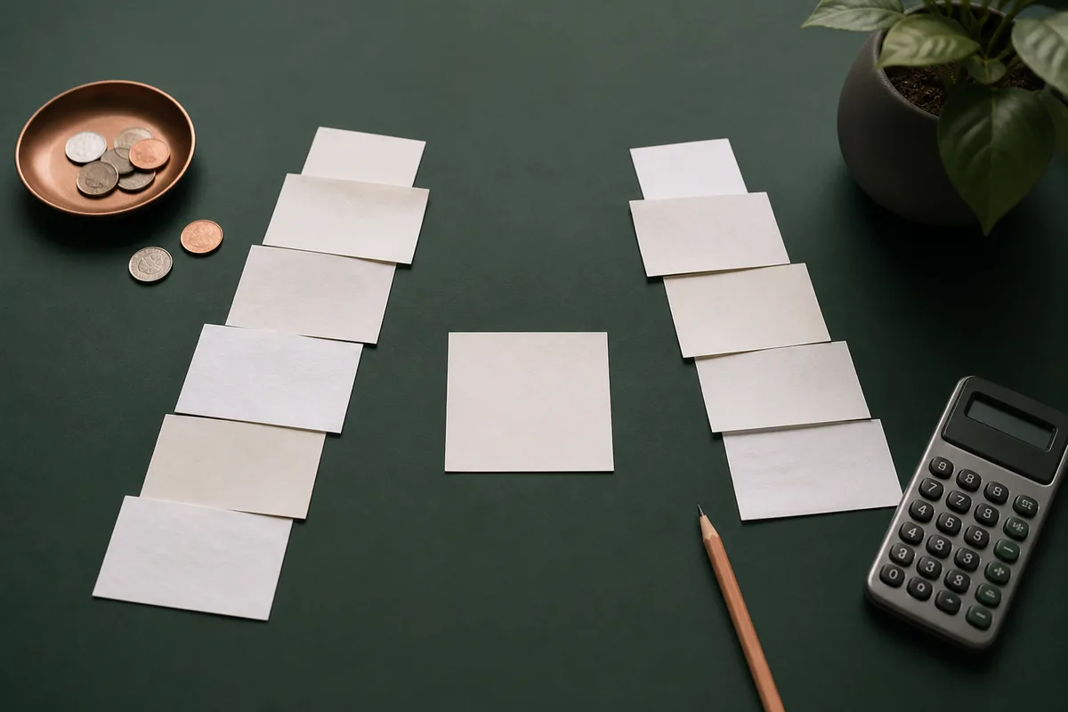 Two organized paths of payment cards on a green desk