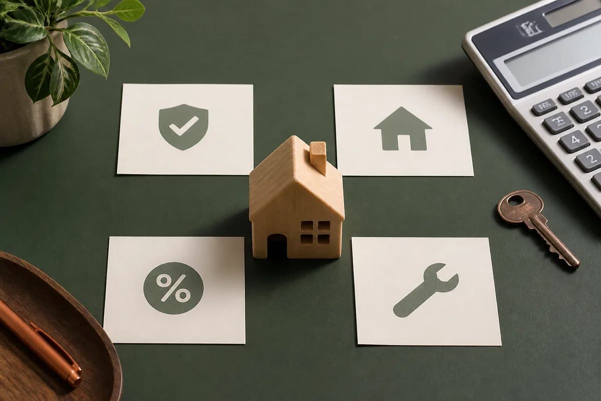 A wooden house model surrounded by four organized cost cards