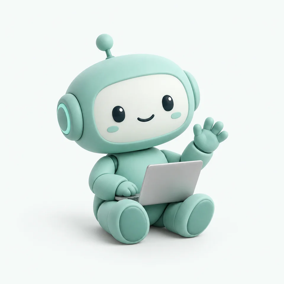 Centy’s cheerful teal robot waving with a laptop